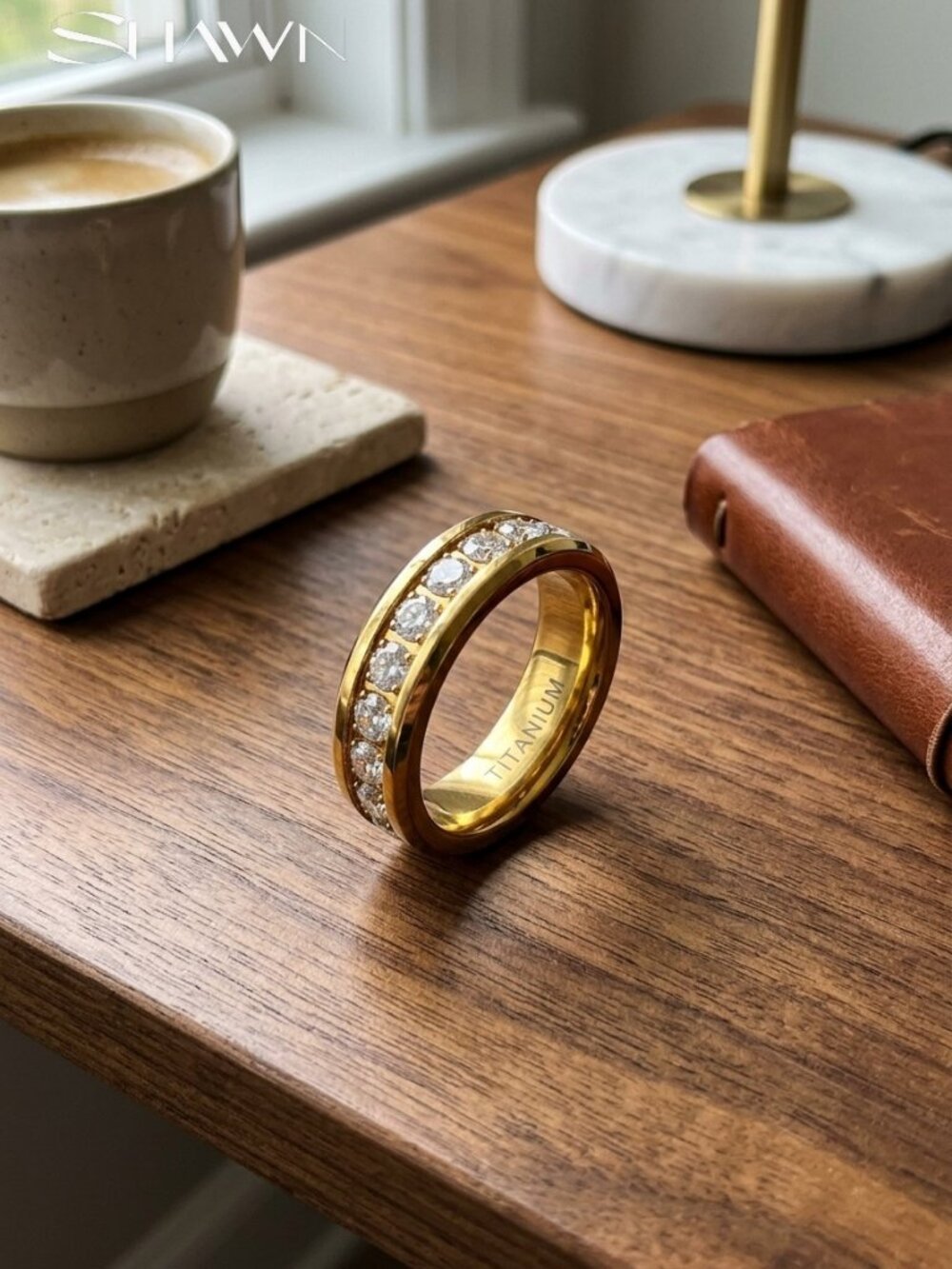 Mens Gold Titanium Moissanite Wedding Band, Two Row